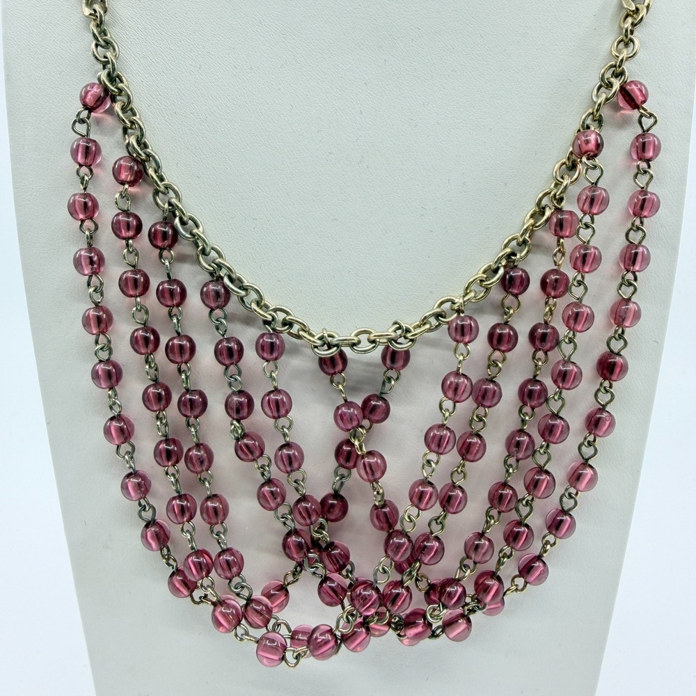 Necklace Vintage Gold Tone Pink Purple Bead Multi Strand Draped Statement Boho - Picture 3 of 10